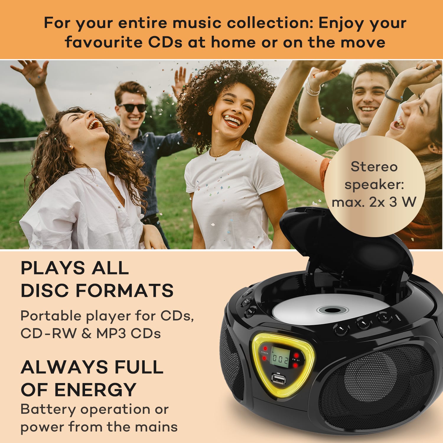 Auna Roadie CD Boombox UKW rádio, Svetelná show, CD prehrávač, Bluetooth 5.0 – Obrázok 3