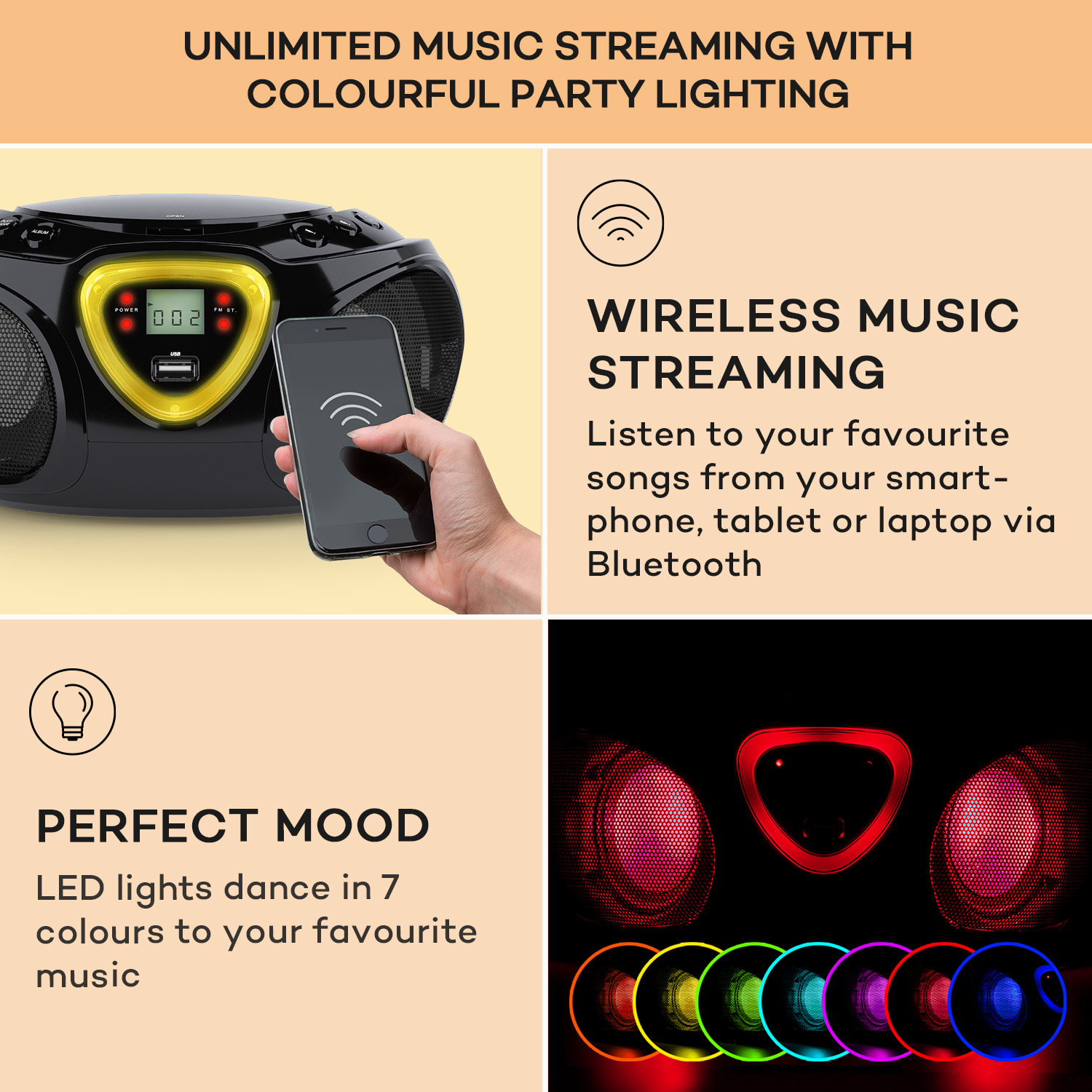 Auna Roadie CD Boombox UKW rádio, Svetelná show, CD prehrávač, Bluetooth 5.0 – Obrázok 4