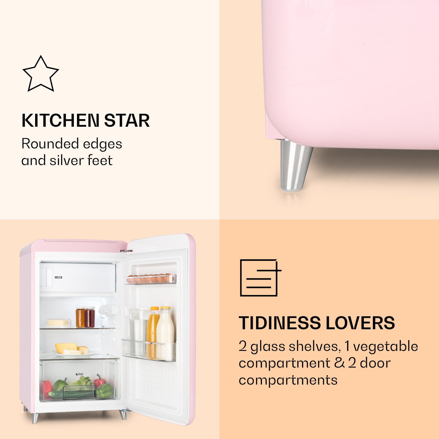 Klarstein PopArt Pink retro chladnička E, 118 l / 13 l mraziarenský priestor, ružová – Obrázok 4
