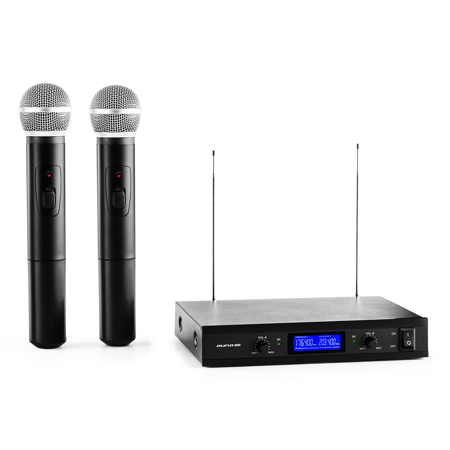 Auna Pro VHF-400 Duo 1, 2-kanálová sada VHF bezdrôtových mikrofónov, 1 x prijímač, 2 x ručný mikrofón
