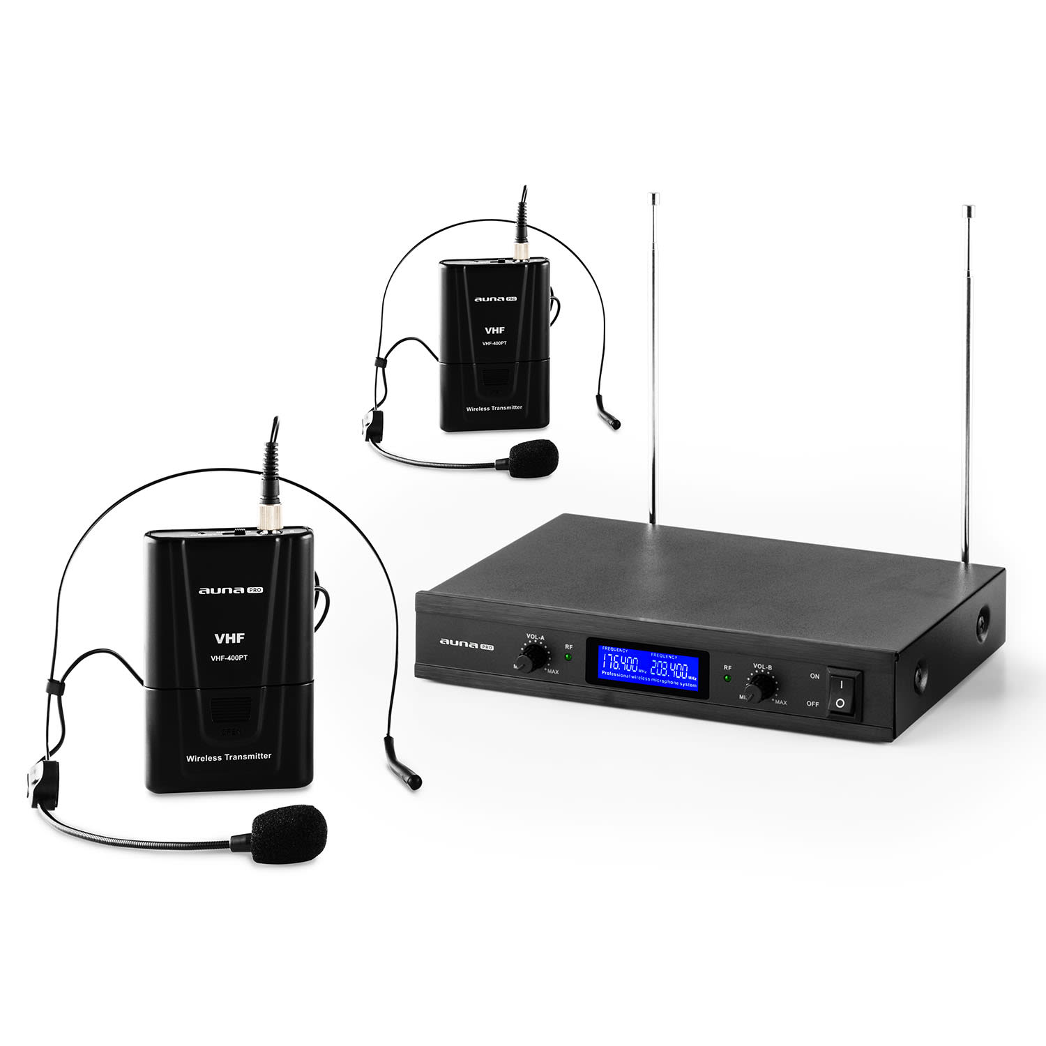 Auna Pro VHF-400 Duo 2, 2-kanálová sada VHF bezdrôtových mikrofónov, 1 x prijímač, 2 x headset mikrofón – Obrázok 5