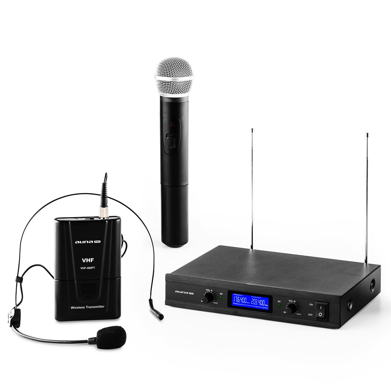 Auna Pro VHF-400 Duo 3, 2-kanálová sada VHF bezdrôtových mikrofónov, 1 x headset mikrofón + 1 x ručný mikrofón – Obrázok 4