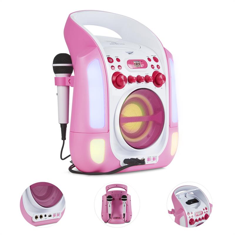 Auna Kara Illumina, ružový, karaoke systém, CD, USB, MP3, LED svetelná show, 2 x mikrofón, prenosný – Obrázok 3