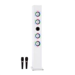 OneConcept Tallboy, biely, karaoke reproduktor, akumulátor, bluetooth, USB, SD, MP3, FM, AUX, 2 x mikrofón