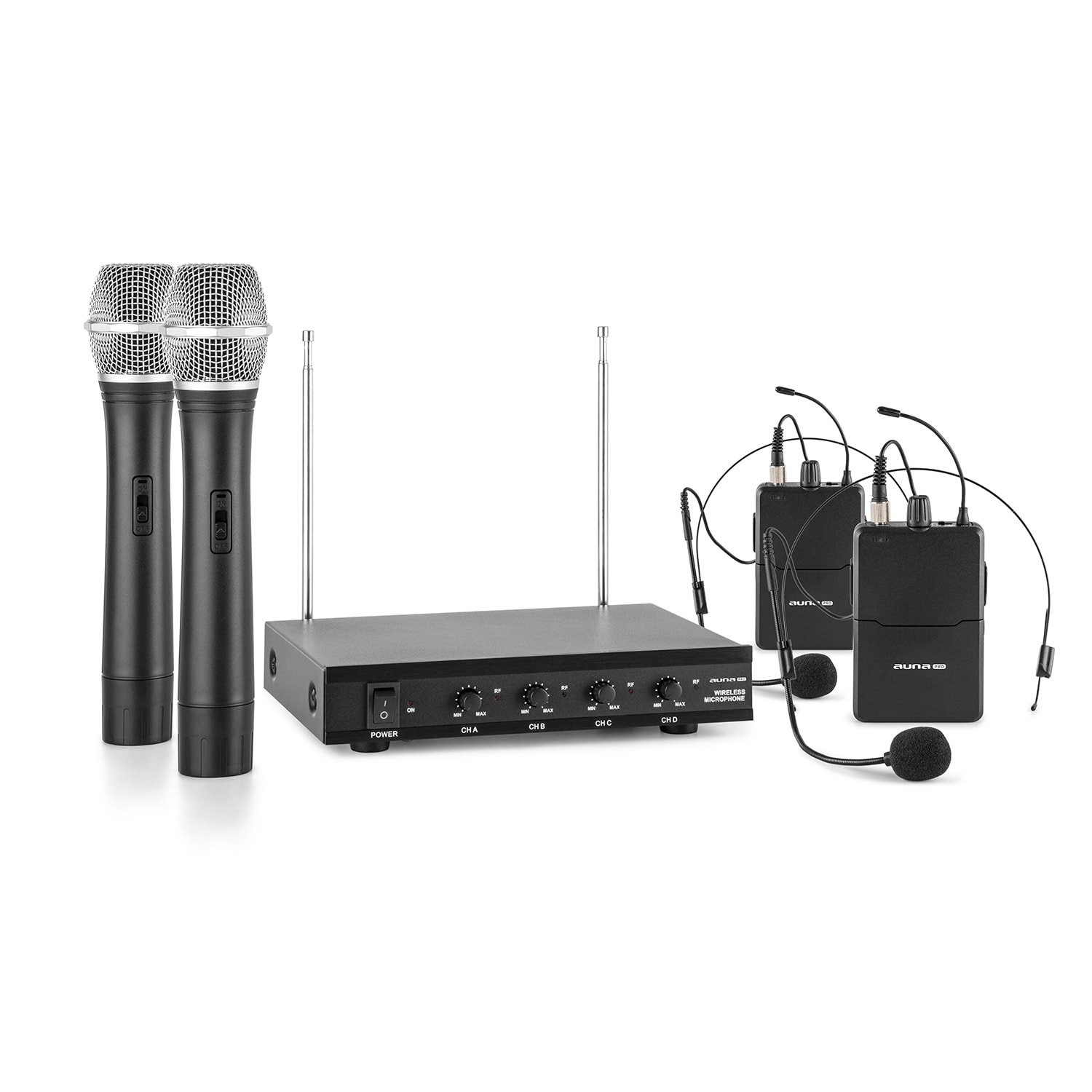 Auna Pro VHF-4-H-HS, 4-kanálová VHF mikrofónová sada 2 x headset 2 x ručný mikrofón 50m