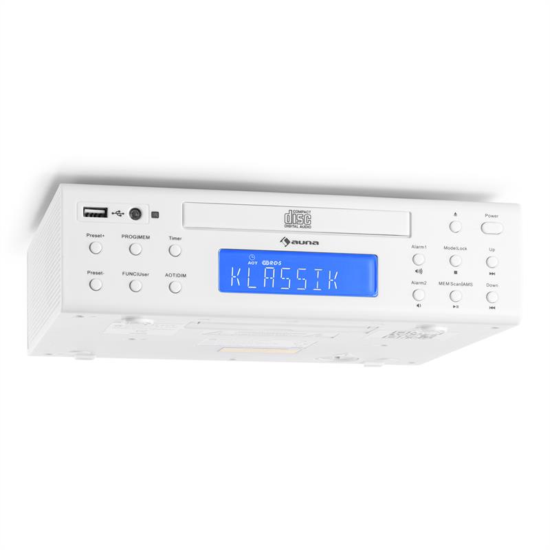 Auna KRCD-150, kuchynské rádio na zabudovanie, CD, USB, AUX, FM, RDS, alarm, diaľkový ovládač, biele