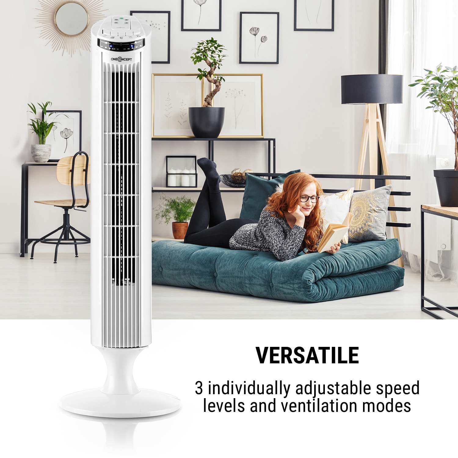 OneConcept Blitzeis, stĺpový ventilátor, 40 W, 45° oscilácia, biely – Obrázok 3