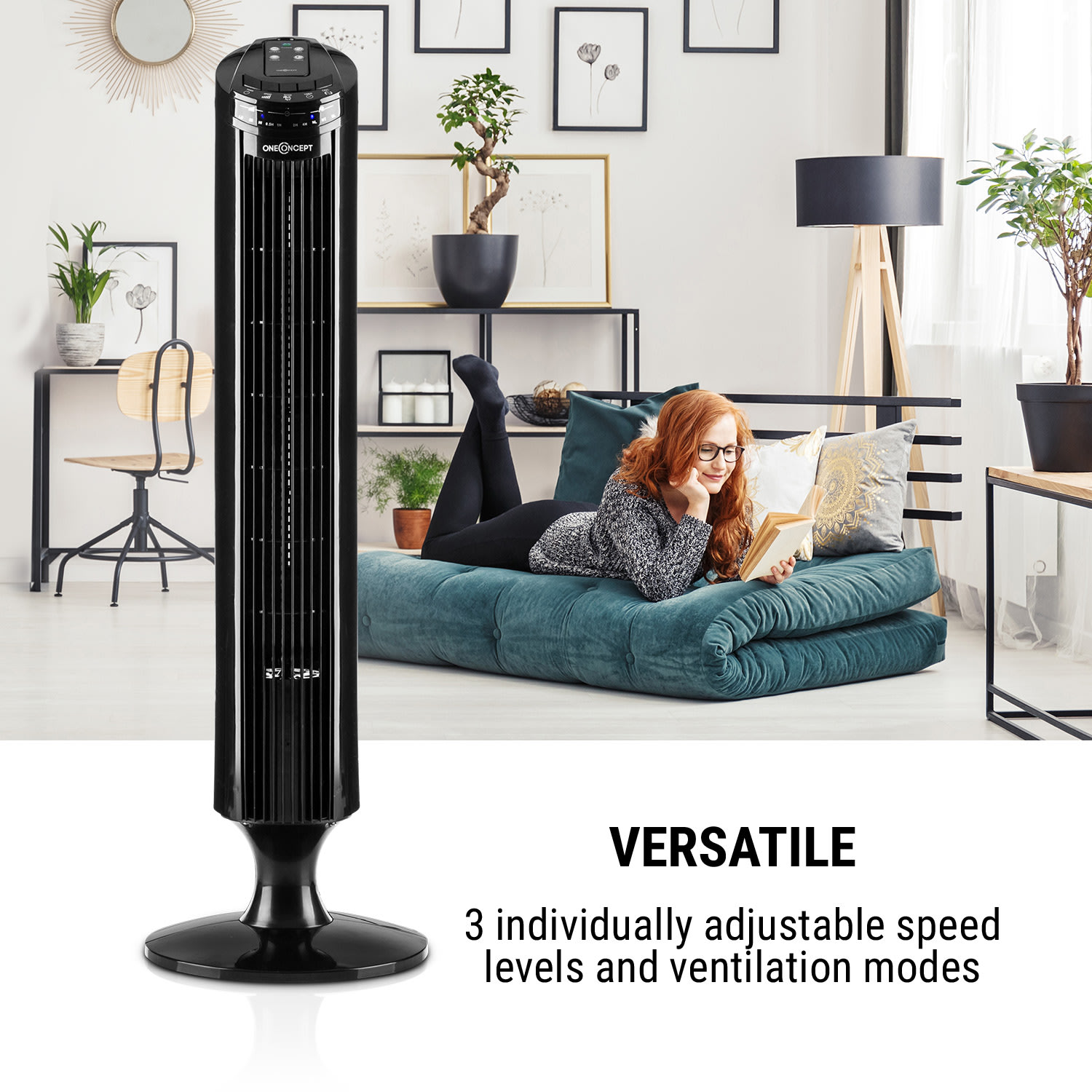 OneConcept Blitzeis, stĺpový ventilátor, 40 W, 45° oscilácia, čierny – Obrázok 3