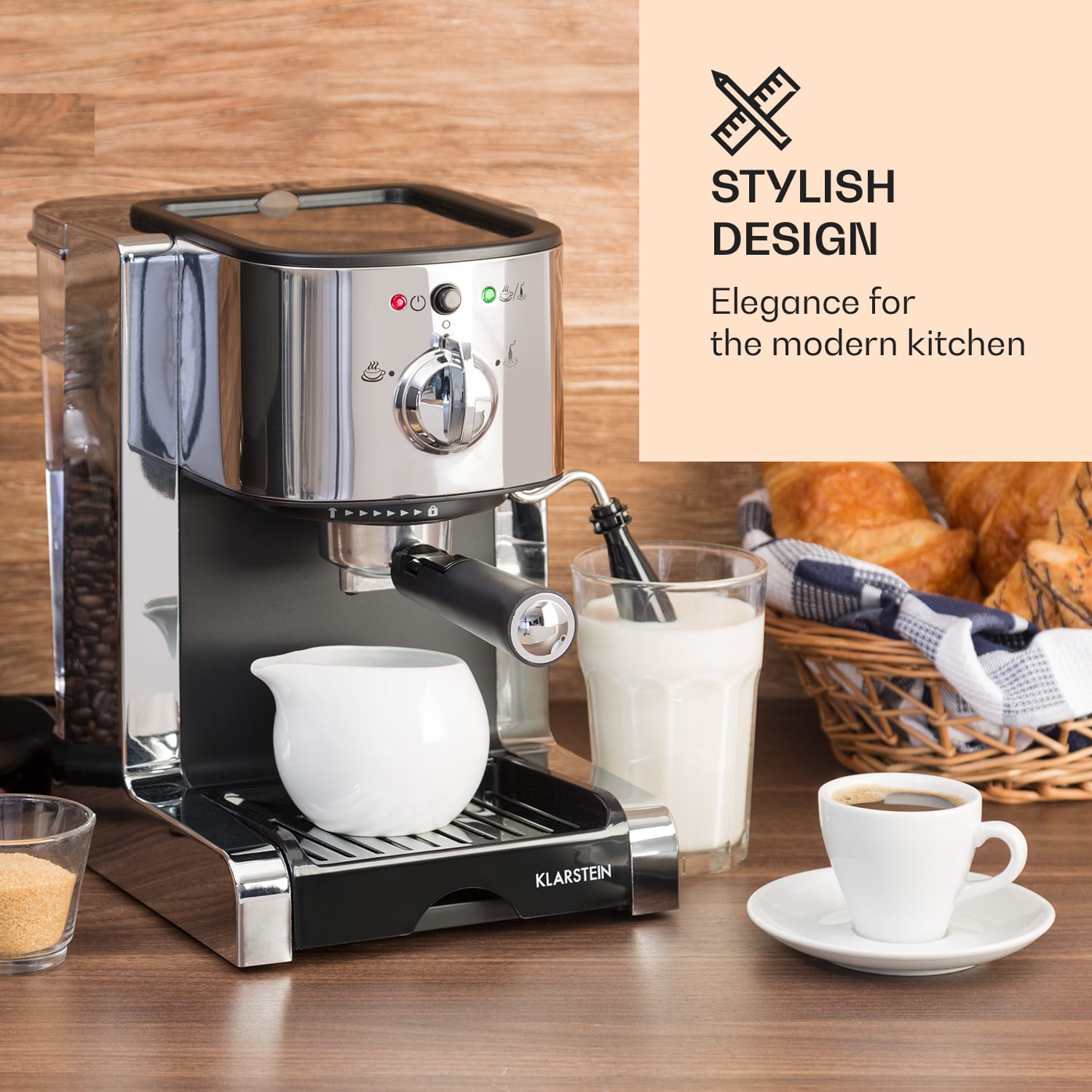 Klarstein Passionata 20, pákový kávovar, 1350 W, 20 bar, 1,25 l, 6 šálok, napeňovač mlieka – Obrázok 2