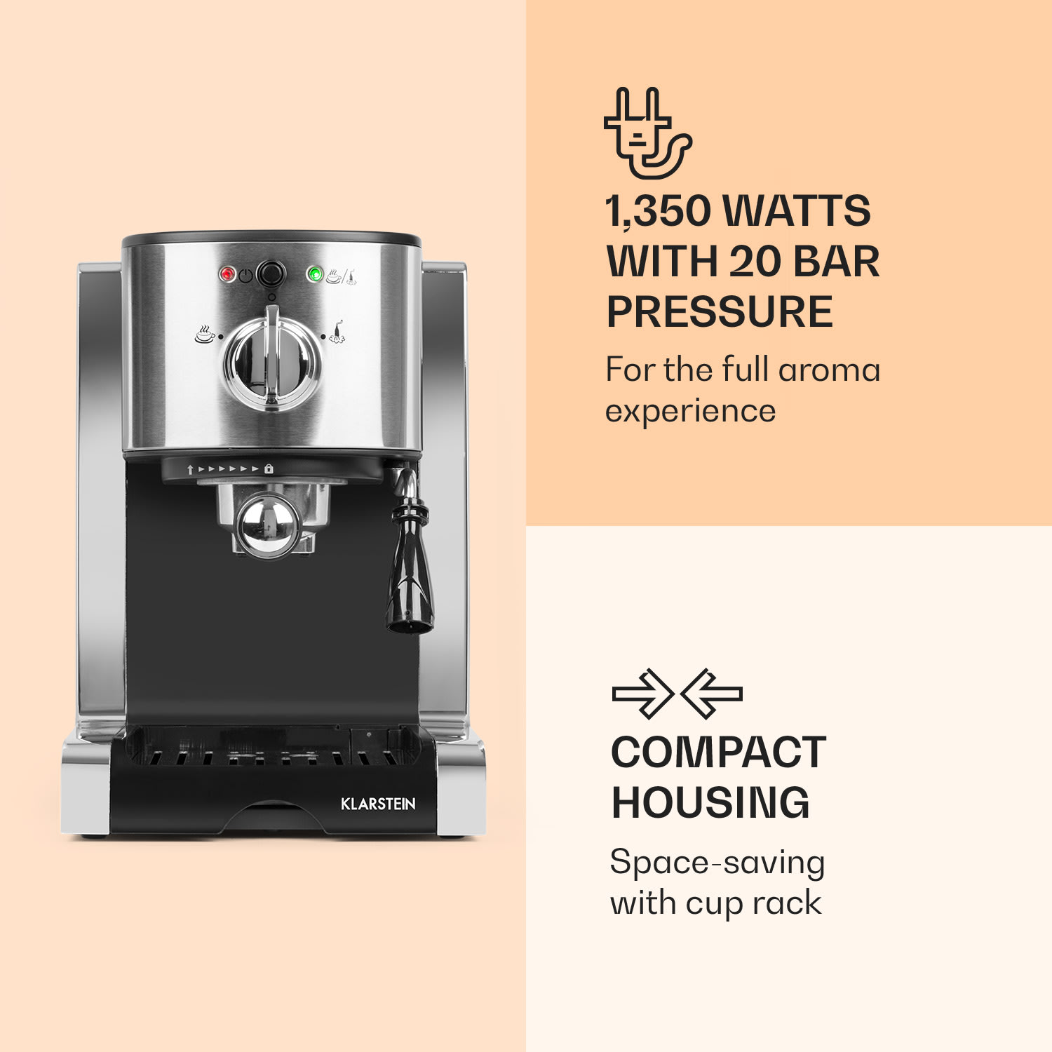 Klarstein Passionata 20, pákový kávovar, 1350 W, 20 bar, 1,25 l, 6 šálok, napeňovač mlieka – Obrázok 3