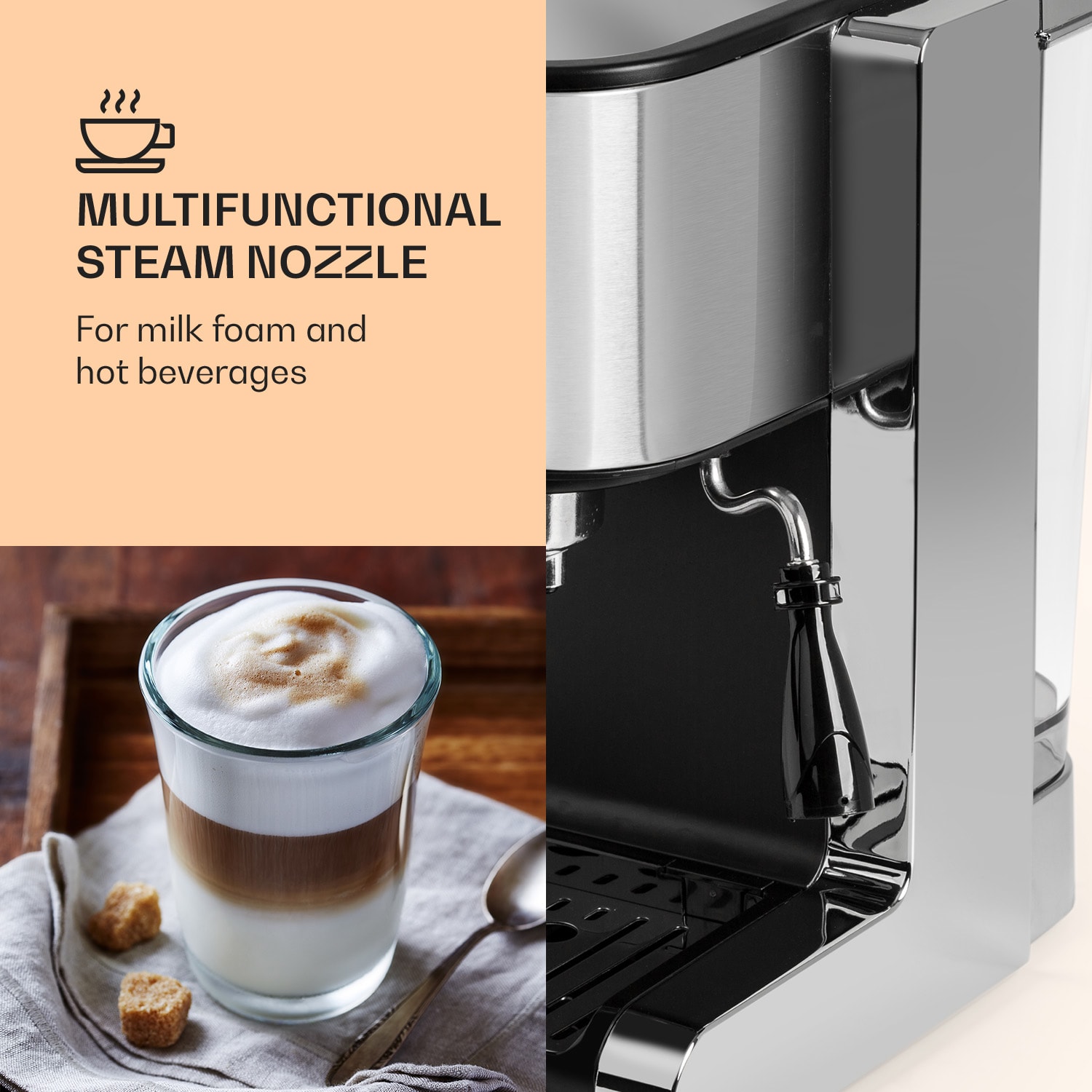 Klarstein Passionata 20, pákový kávovar, 1350 W, 20 bar, 1,25 l, 6 šálok, napeňovač mlieka – Obrázok 4