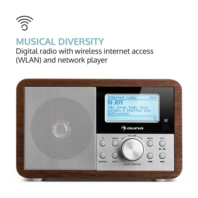 Auna Worldwide Mini, internetové rádio, WLAN, sieťový prehrávač, USB, MP3, AUX, FM tuner, orech – Obrázok 3