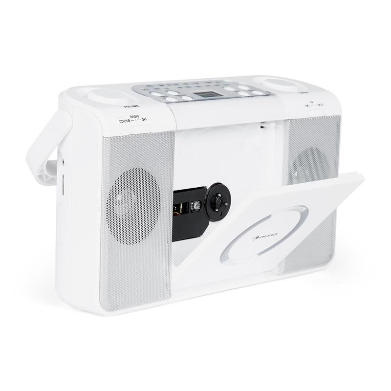 Auna Boomtown USB, boombox, CD prehrávač, FM rádio, MP3, prenosné kufríkové rádio, biely – Obrázok 3