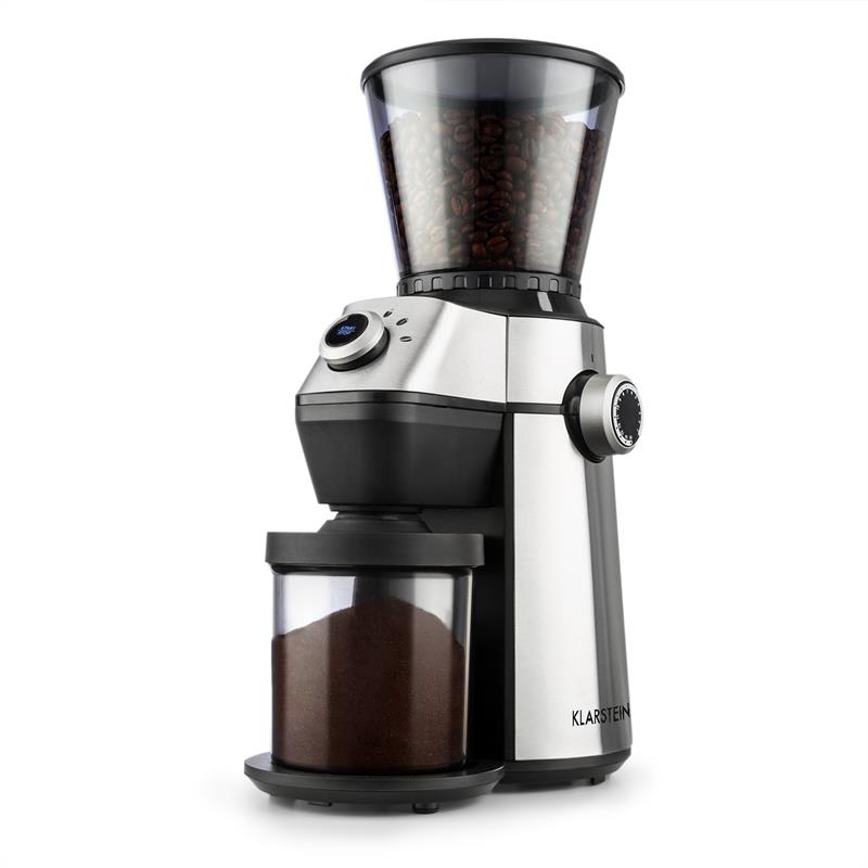 Klarstein Triest, mlynček na kávu, kužeľové mlecie teleso, 150W, 300g, 15 mlecích stupňov, nerezová oceľ