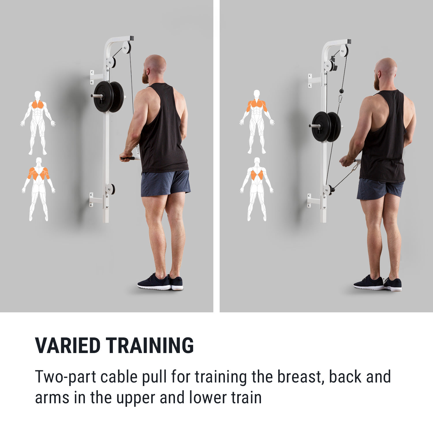 KLARFIT Stronghold , posilňovacia kladka, montáž na stenu, 100 kg, 2,5 m kábel, tricepsová tyč, biela – Obrázok 2