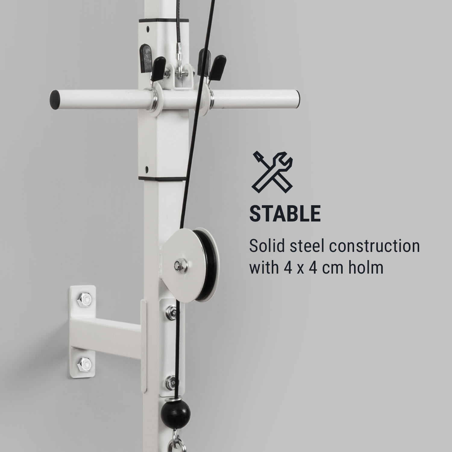 KLARFIT Stronghold , posilňovacia kladka, montáž na stenu, 100 kg, 2,5 m kábel, tricepsová tyč, biela – Obrázok 3