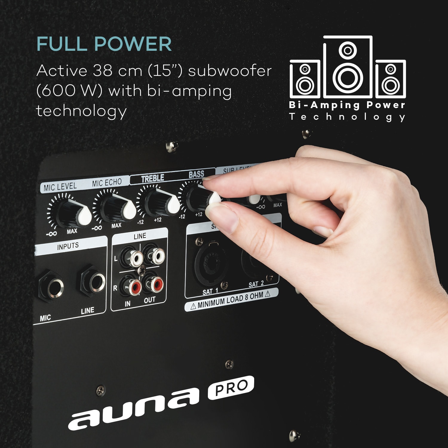 Auna Pro Cube 1512, 2.1 aktívna PA sada, 1200 W, 15" subwoofer, 2 x 12" reproduktor – Obrázok 3