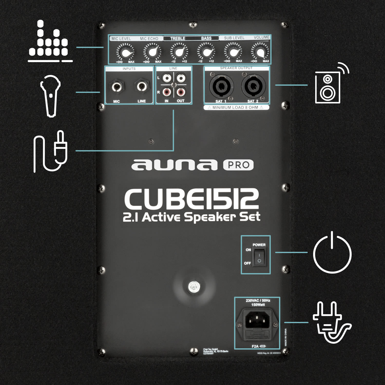Auna Pro Cube 1512, 2.1 aktívna PA sada, 1200 W, 15" subwoofer, 2 x 12" reproduktor – Obrázok 4