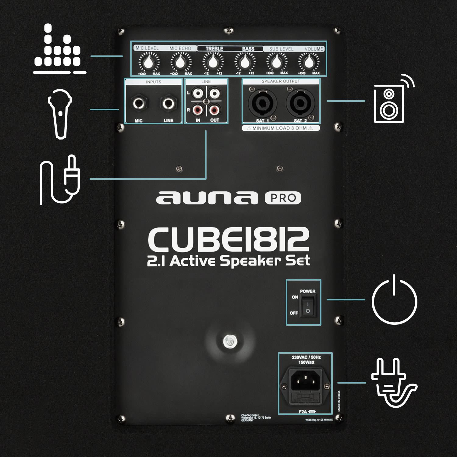 Auna Pro Cube 1812, 2.1 aktívna PA sada, 1600 W, 18" subwoofer, 2 x 12" reproduktor – Obrázok 5
