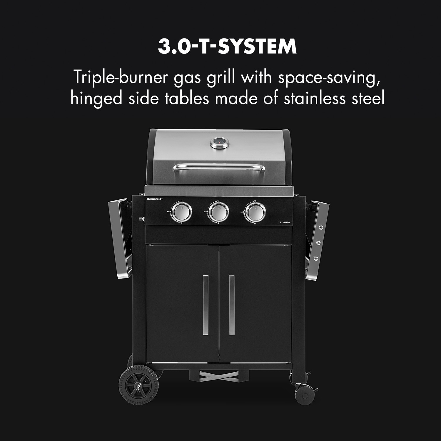 Klarstein Tomahawk 3.0 T, plynový gril, 3 x 3,2 kW horáky, 53 x 39 cm gril, ušľachtilá oceľ – Obrázok 3