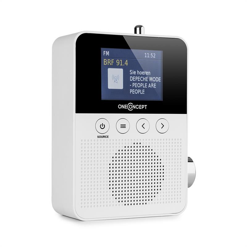 OneConcept Plug+Play DAB, rádio do zásuvky, DAB+/FM, BT, TFT displej, biele