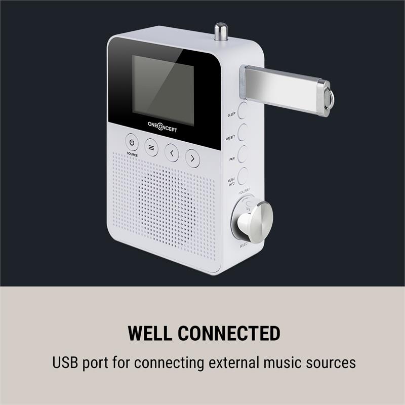 OneConcept Plug+Play DAB, rádio do zásuvky, DAB+/FM, BT, TFT displej, biele – Obrázok 4