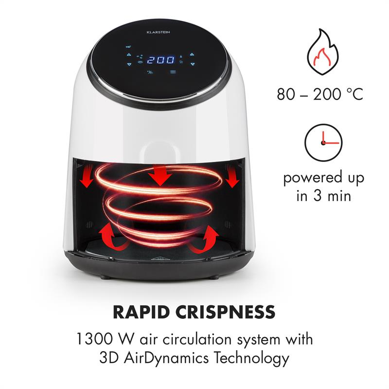 Klarstein AirVital, teplovzdušná fritéza, 1300 W, 2,5 l, nepriľnavý povrch CeraPlus, dotykové ovládanie, biela – Obrázok 4