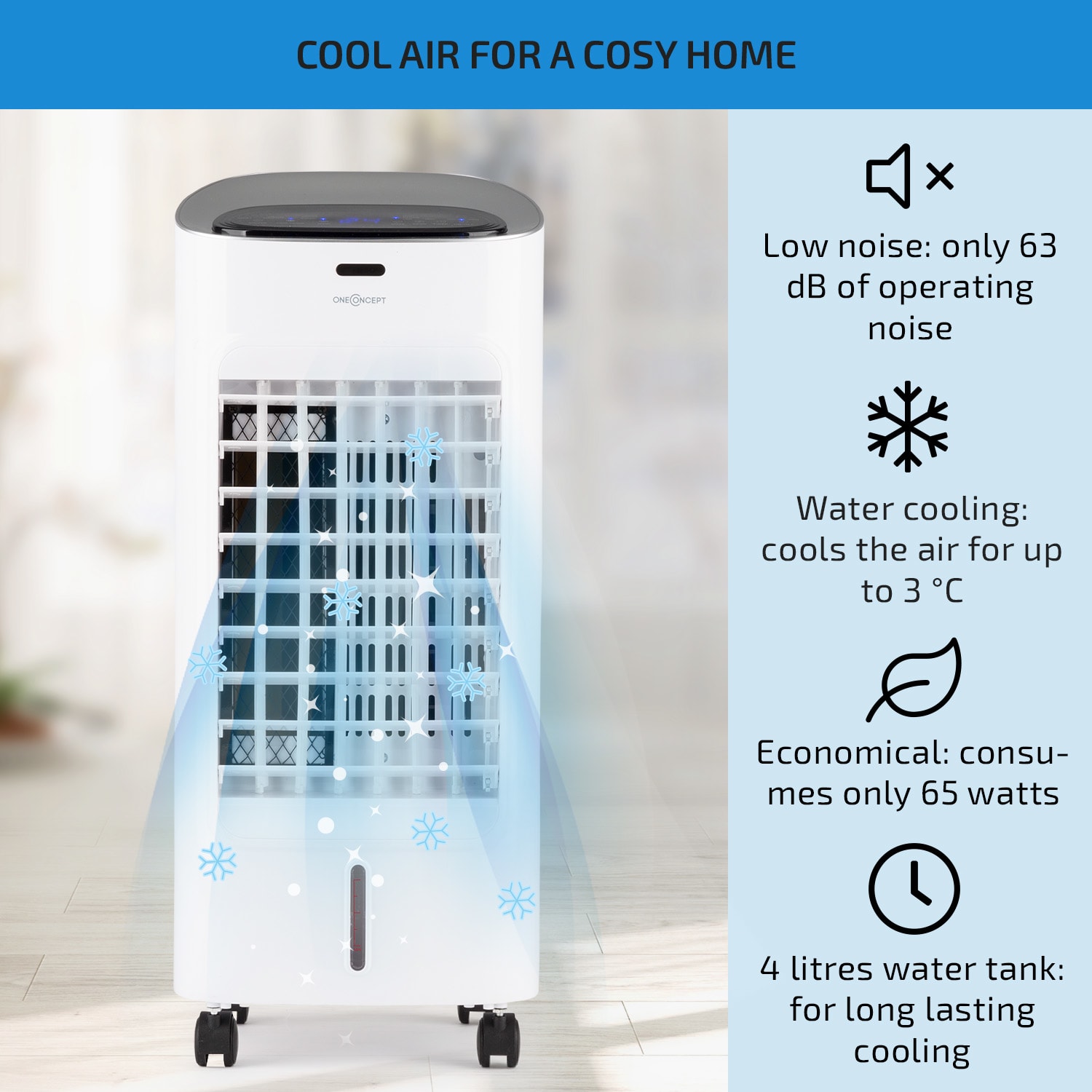 OneConcept Coolster, ochladzovač vzduchu, ventilátor, ionizátor, 60 W, 320 m³/h , 4 l, biely – Obrázok 2