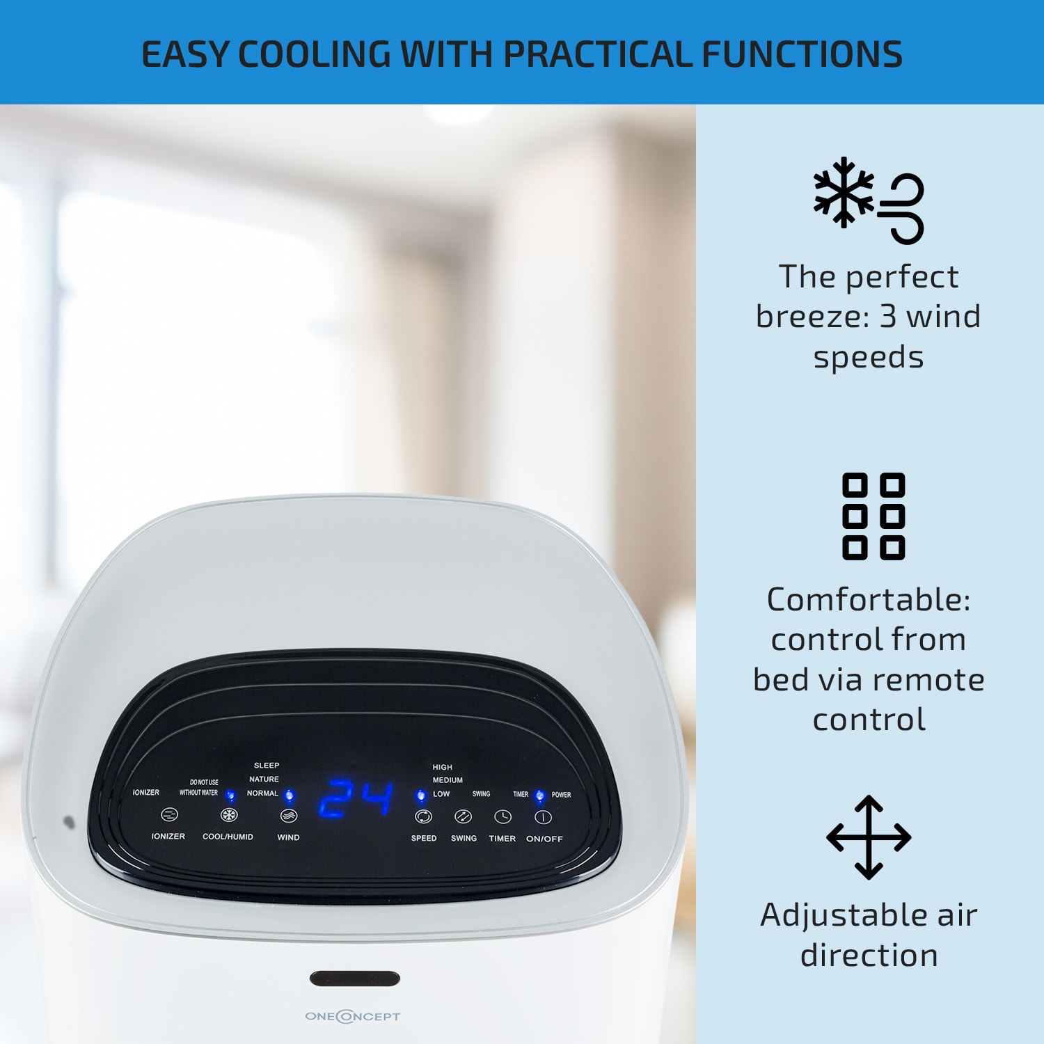 OneConcept Coolster, ochladzovač vzduchu, ventilátor, ionizátor, 60 W, 320 m³/h , 4 l, biely – Obrázok 4