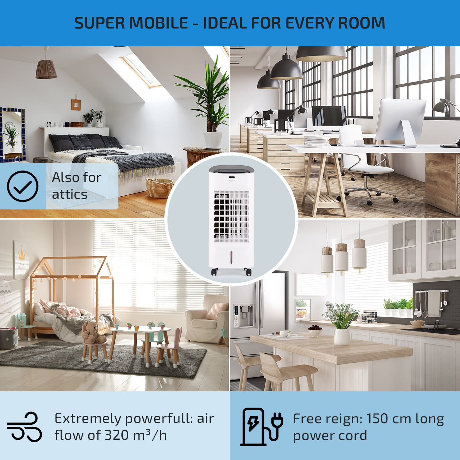 OneConcept Coolster, ochladzovač vzduchu, ventilátor, ionizátor, 60 W, 320 m³/h , 4 l, biely – Obrázok 5