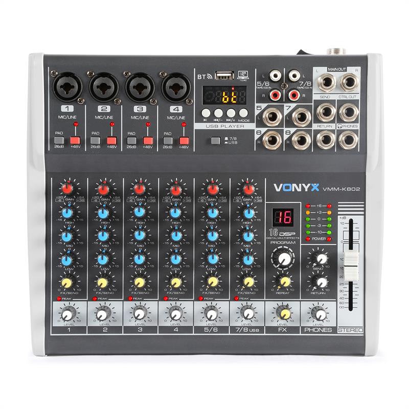 Vonyx VMM-K802, 8-kanálový mixér, USB port, BT prijímač, 16 DSP, +48 V phantom napájanie – Obrázok 2