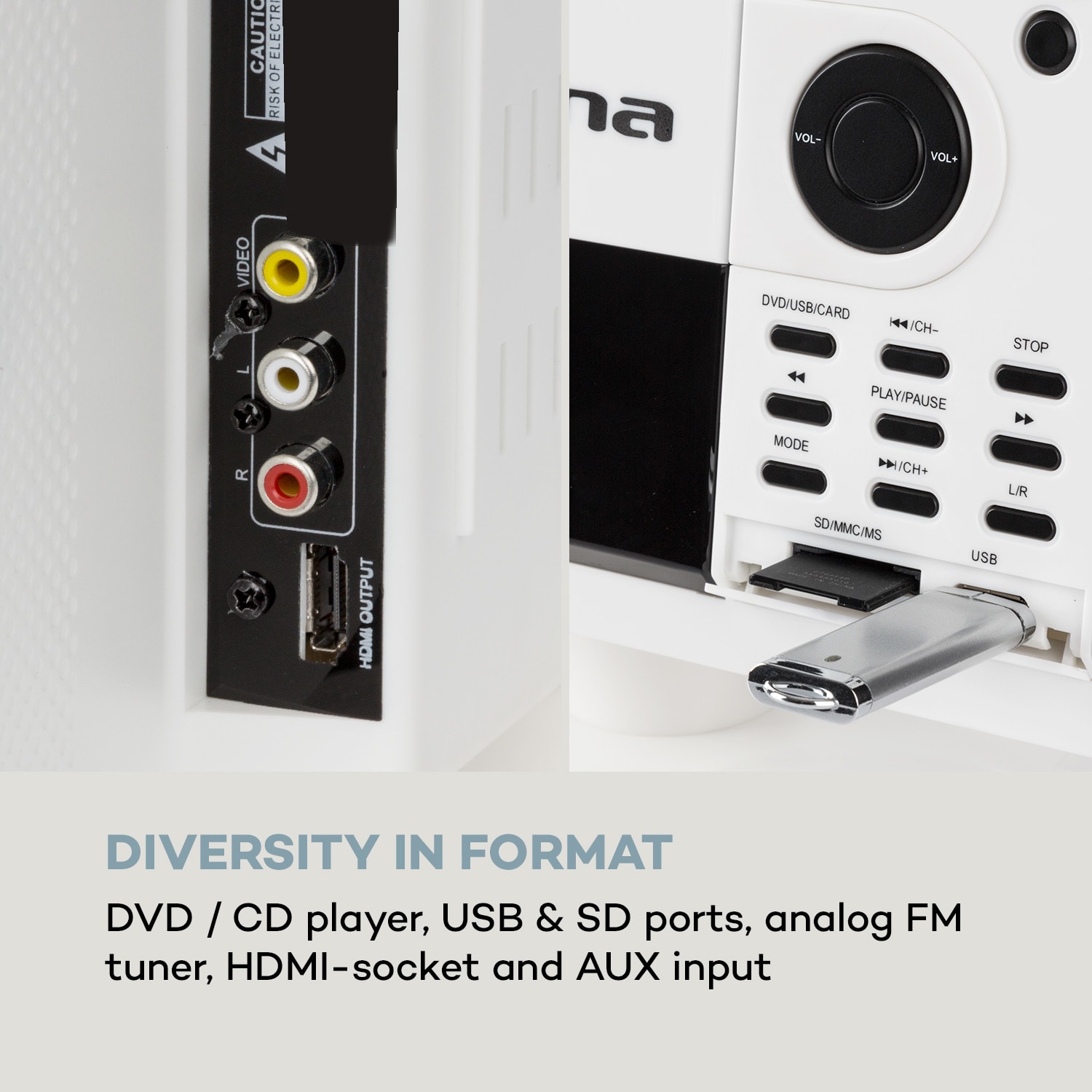Auna MCD-82 BT, vertikálny stereo systém, DVD/CD, bluetooth, USB/SD, FM, HDMI, biely – Obrázok 5