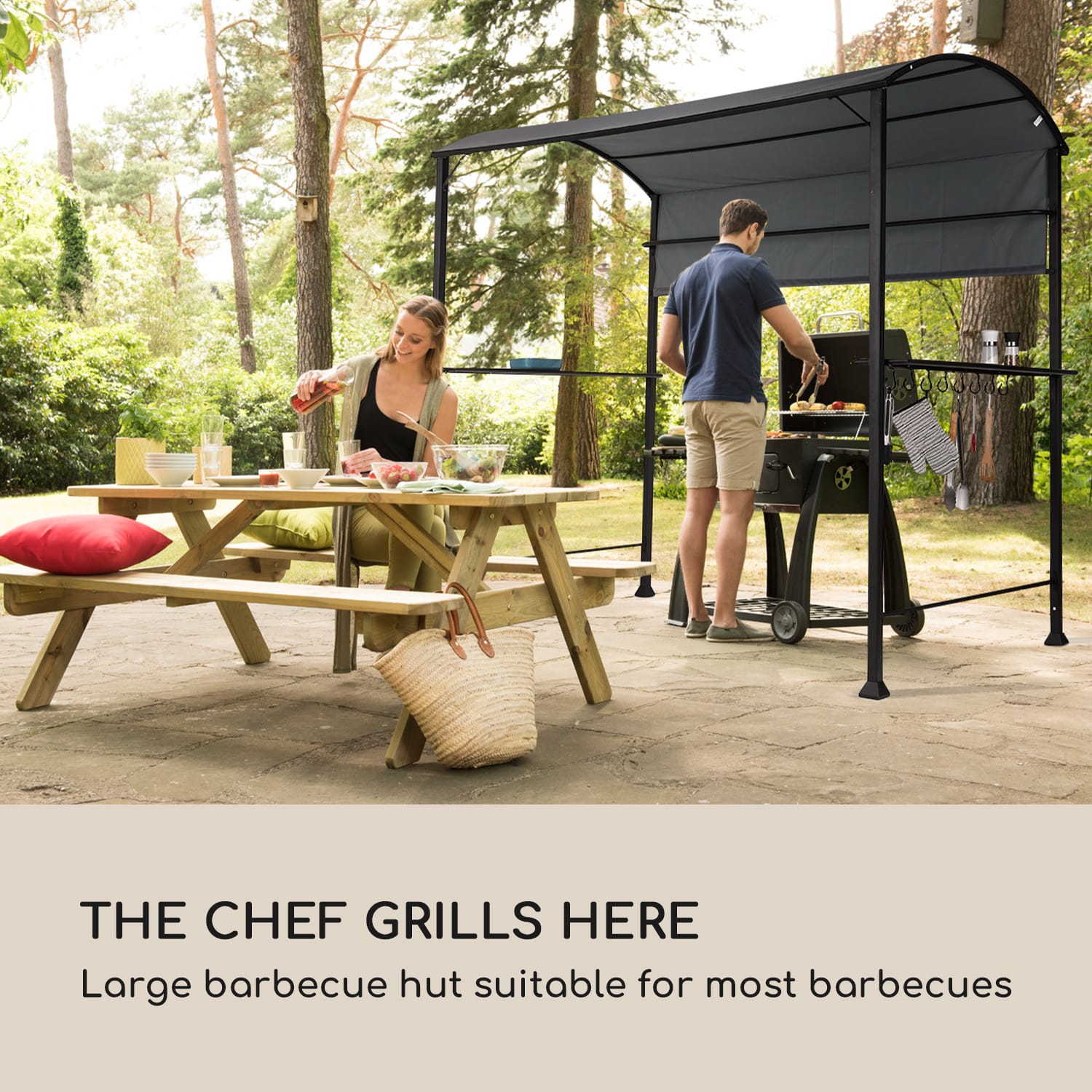 Blumfeldt Steakhouse, grilovací altánok, 220 x 215 x 140 cm, polyester, 180 g/m², odolný voči ohňu, oceľ, sivý – Obrázok 2