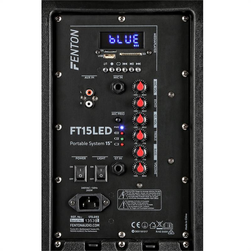 Fenton FT15LED, aktívny reproduktor 15", 800 W, BT/USB/SD/AUX-In, LED, mikro-vozík – Obrázok 5