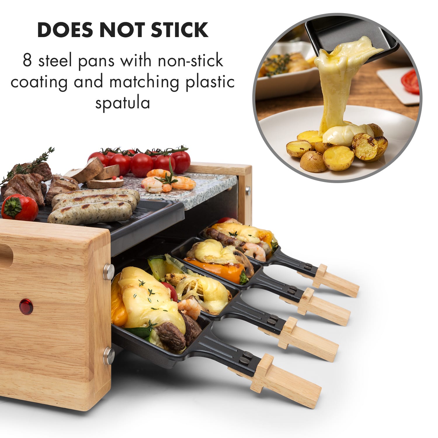 Klarstein Chateaubriand Nuovo, raclette gril, 1200 W, grilovacia platňa, hliník/kameň, pre 8 osôb – Obrázok 4