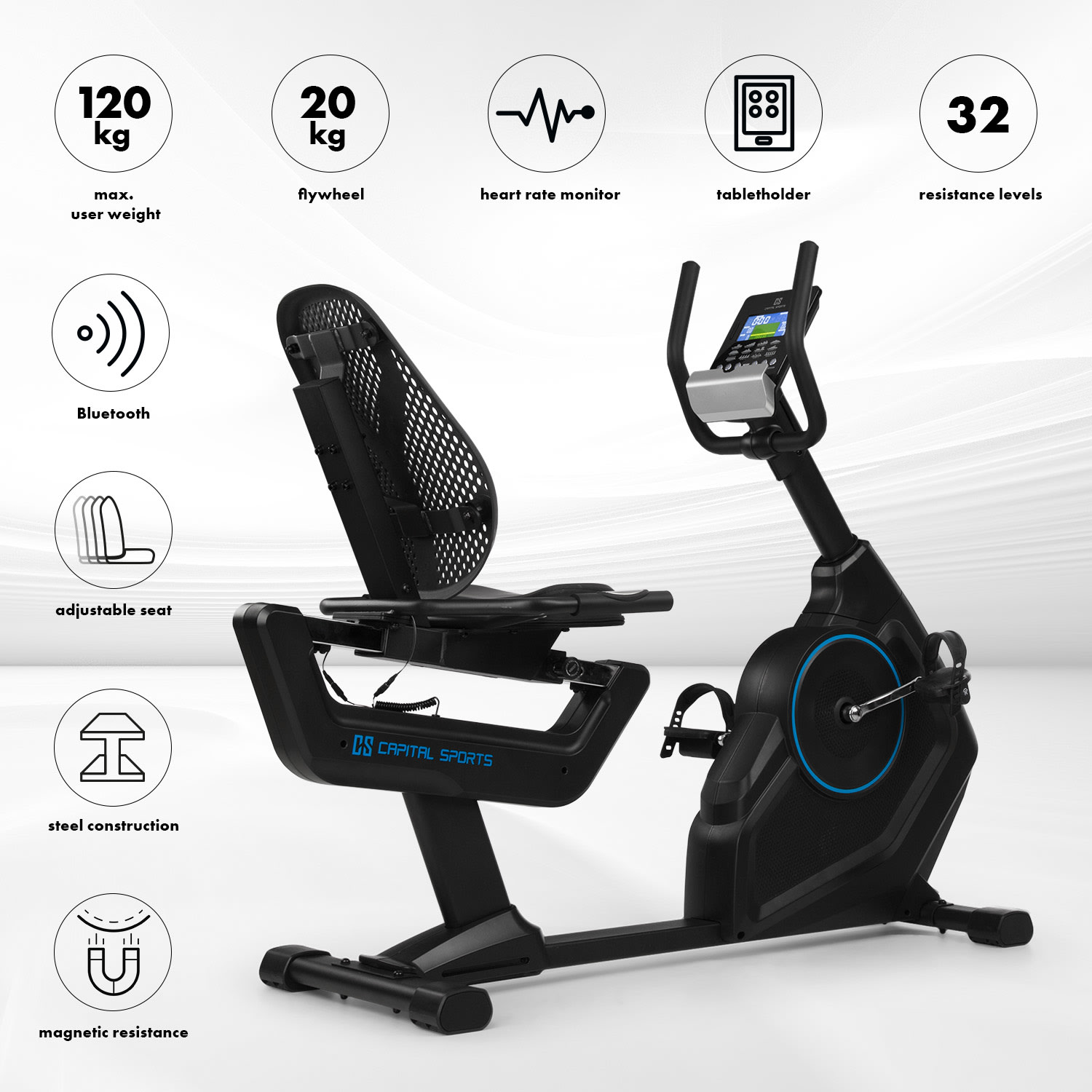 Capital Sports Evo Deluxe, kardio bicykel, bluetooth, aplikácia, 20 kg zotrvačník – Obrázok 2