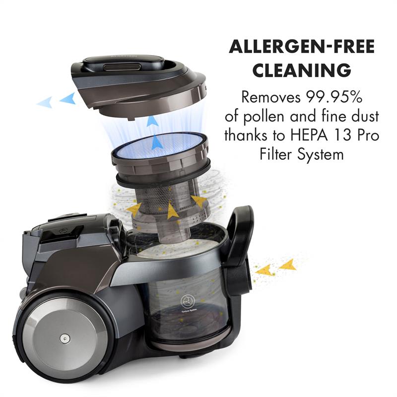 Klarstein Clean King Ergo, cyklónový vysávač, 800 W, bezvreckový, HEPA13, trieda energetickej účinnosti A, sivo/strieborný – Obrázok 4