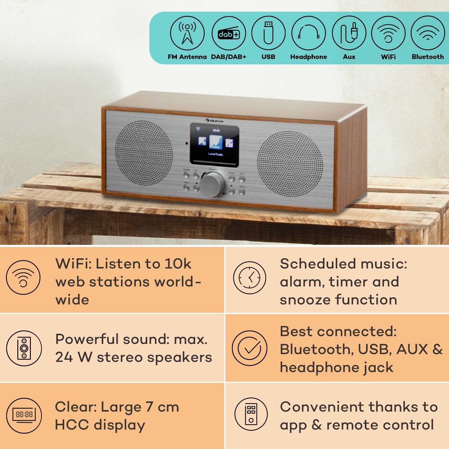 Auna Silver Star Stereo, internetové DAB+/FM rádio, WiFi, BT, DAB+/FM, dub – Obrázok 2