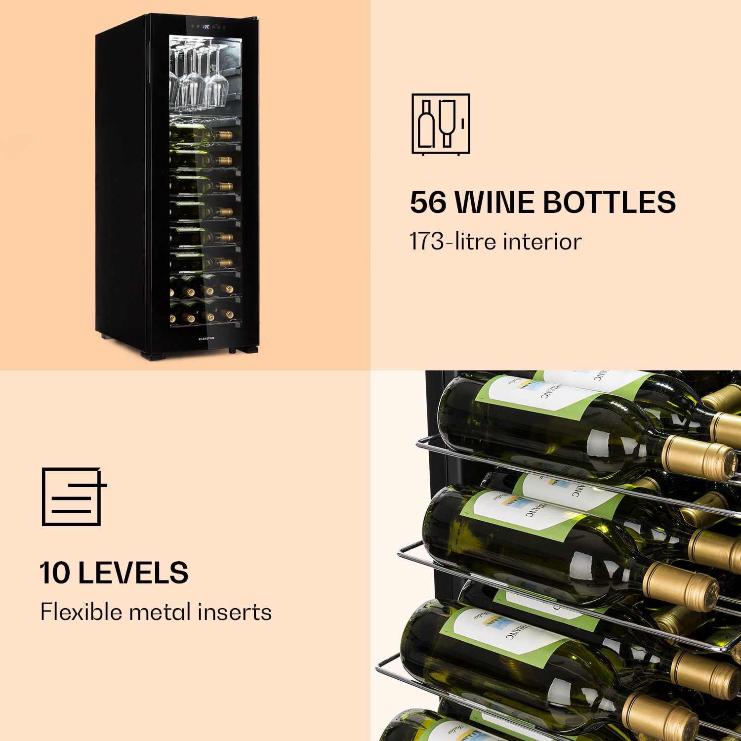 Klarstein Bellevin 62, vinotéka, 173 l, 56 fliaš, 5-20°C, energet. trieda G, čierna – Obrázok 4