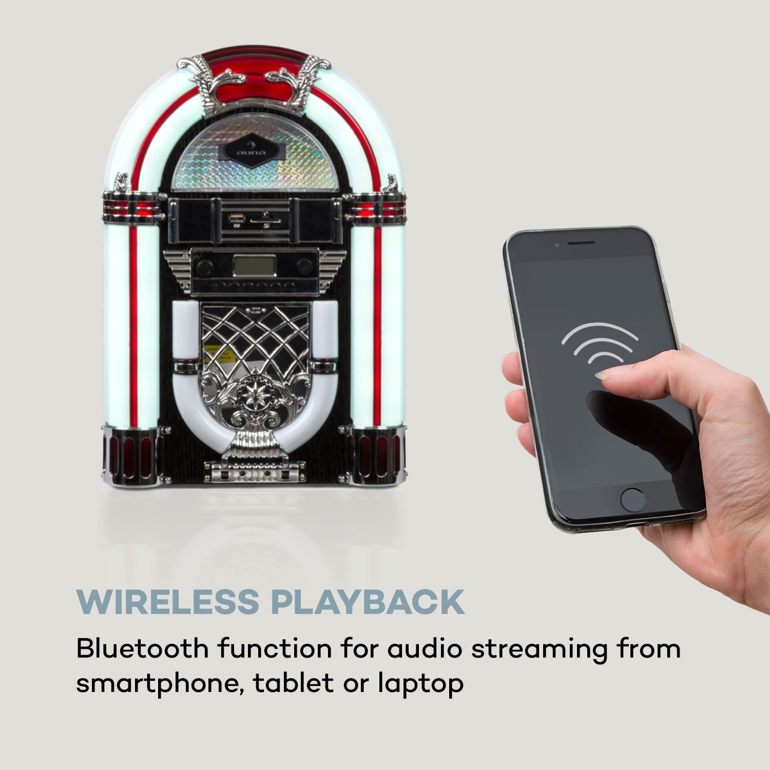 Auna Arizona, jukebox, BT, FM rádio, USB, SD, MP3, CD prehrávač, čierny – Obrázok 3