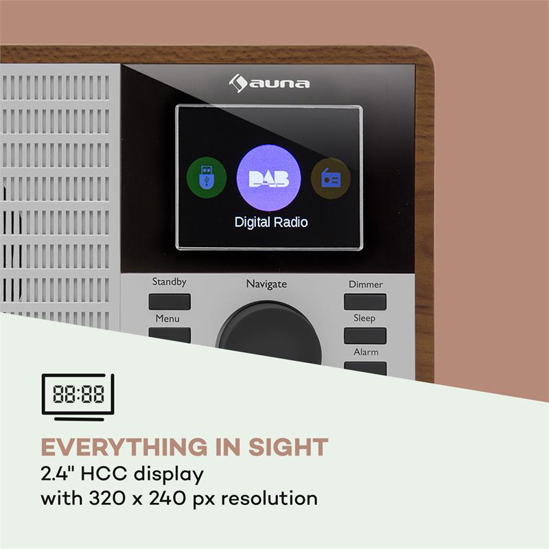 Auna DR-160 BT, DAB+/FM rádio, USB, AUX, 2.4" TFT displej, drevo – Obrázok 5