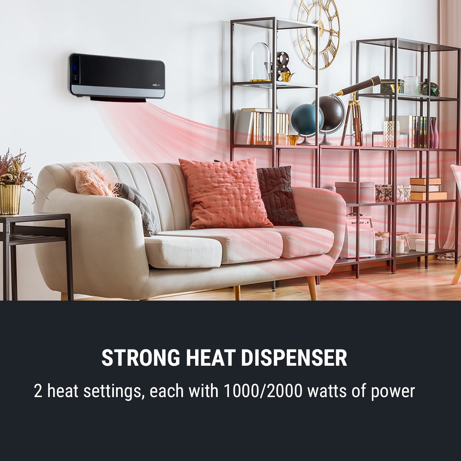 OneConcept Wallkyrie, nástenný ohrievač, 1000 W/2000 W, 10 – 49 °C, termostat, čierny – Obrázok 2