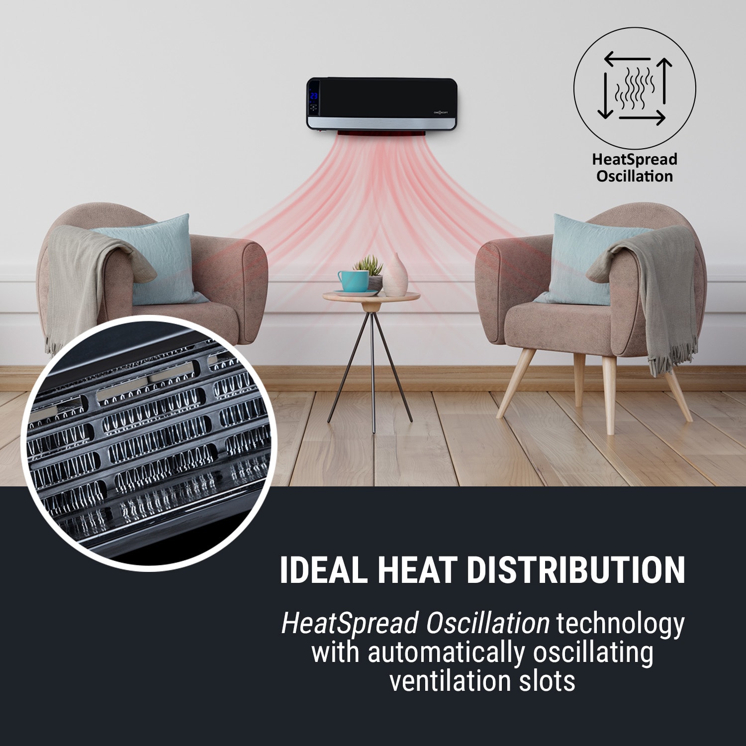 OneConcept Wallkyrie, nástenný ohrievač, 1000 W/2000 W, 10 – 49 °C, termostat, čierny – Obrázok 4