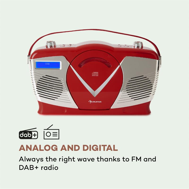 Auna RCD-70 DAB, retro CD rádio, FM, DAB+, CD prehrávač, USB, bluetooth, červené – Obrázok 2