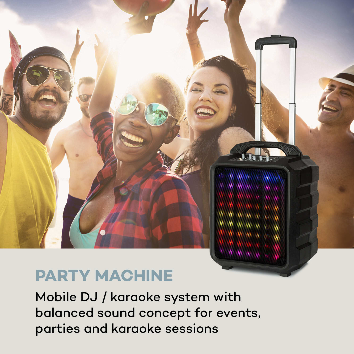Auna Moving 80.1, LED PA systém, 8" subwoofer, max. 100 W, UHF mikrofon, USB, SD, BT, AUX, prenosný – Obrázok 2