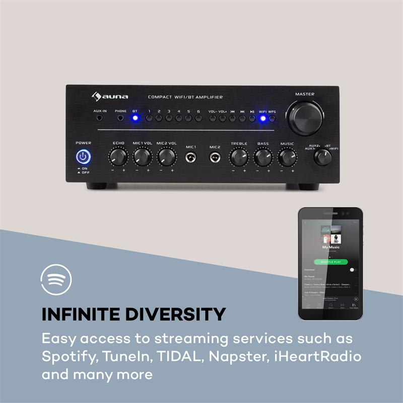 Auna Intelligence Amp, zosilňovač, 2 x 40 W max., WiFi, bluetooth, ovládanie cez aplikáciu, multiroom, čierny – Obrázok 4