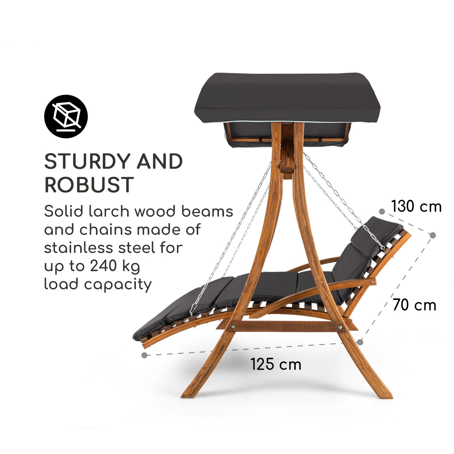Blumfeldt Aruba, záhradná hojdačka, slnečná strieška, 130 cm, 2 sedadlá, masívne drevo, sivá – Obrázok 2