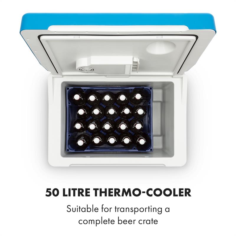 Klarstein BeerPacker, termoelektrický chladiaci box s funkciou udržania tepla, 50 l, F, AC/DC, vozík, modrý – Obrázok 2