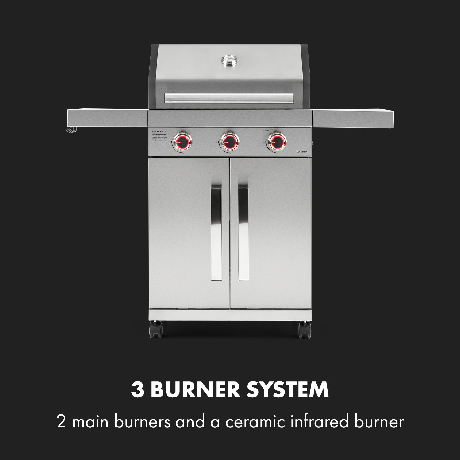 Klarstein Vendetta 3.0 TI, plynový gril, 3 horáky, infračervený horák do 800 °C – Obrázok 2