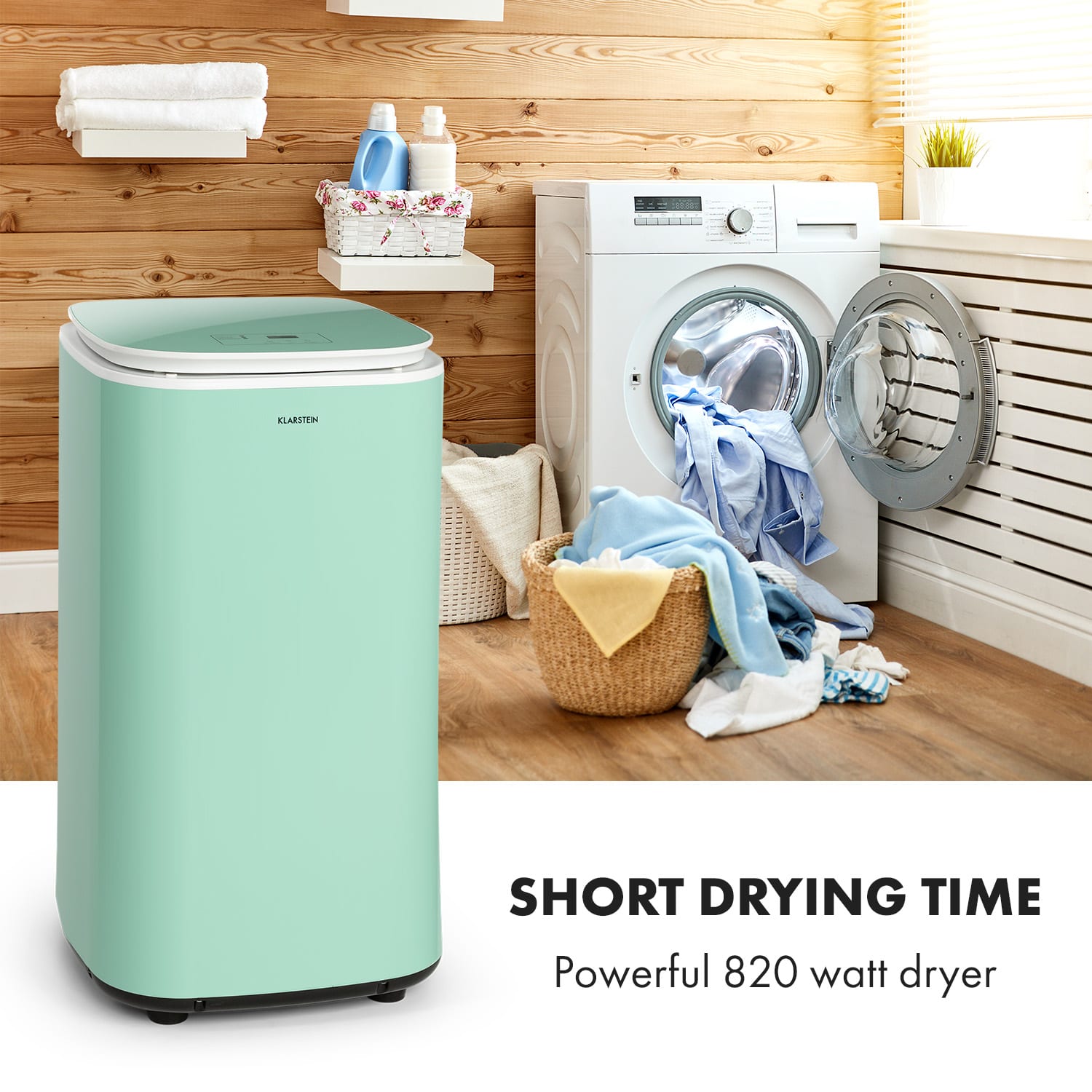 Klarstein Zap Dry, sušička bielizne, 820 W, 50 l, dotykový ovládací panel, LED displej, zelená – Obrázok 2